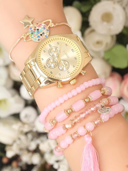 Gold Renk Kaplama Metal Kordonlu Yeni Sezon Tasarım Clariss Marka Bayan Saat ve Bileklik Kombini