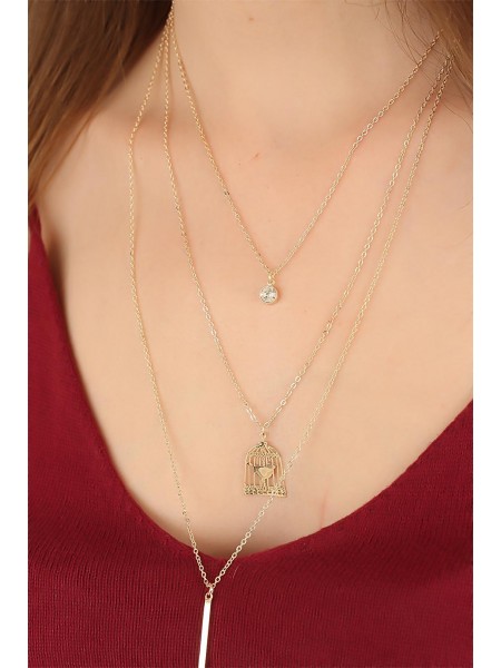 Gold Renk Çoklu Kuş Kafesi Tasarım Bayan Kolye Gold Renk Çoklu Kuş Kafesi Tasarım Bayan Kolye