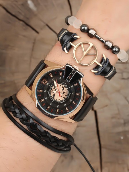 Deri Kordonlu Erkek Saat Kombini